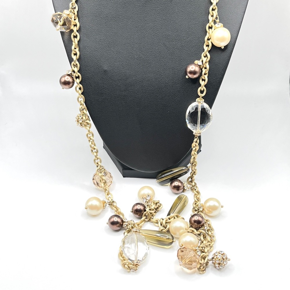 Stella & Dot Gold Tone Audrey Faux‎ Pearl and Crystal Long Beaded Necklace 38"
